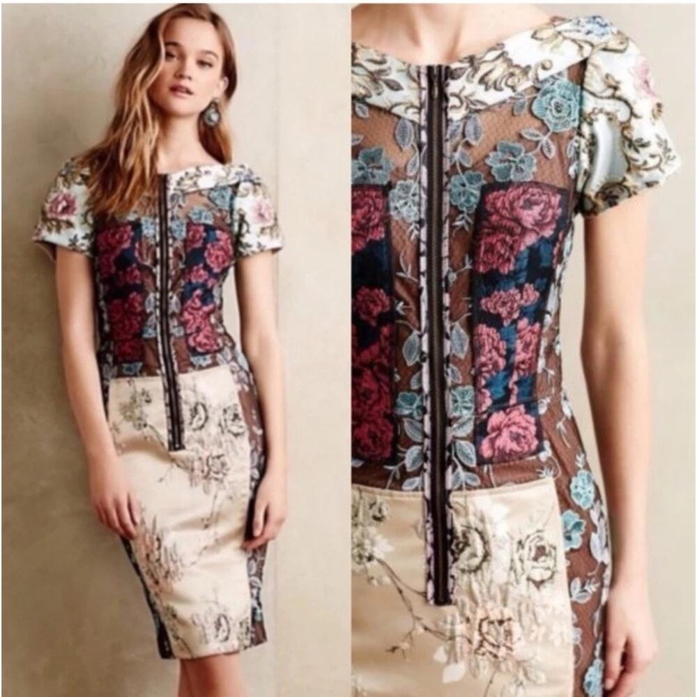 Beguile Byron Lars Anthropologie Size 2P Floral Embroidered Brocade Sheath Dress
